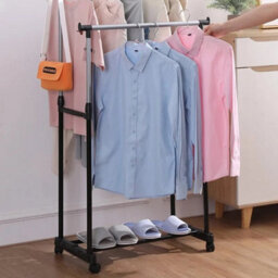 Heavy Duty Mobile Clothes Coat Garment Hanging Rail Rack Storage Stand On Wheels Double Pole - thumbnail 4