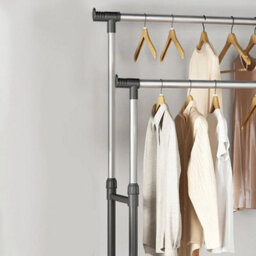 Heavy Duty Mobile Clothes Coat Garment Hanging Rail Rack Storage Stand On Wheels Double Pole - thumbnail 5