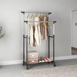 Heavy Duty Mobile Clothes Coat Garment Hanging Rail Rack Storage Stand On Wheels Double Pole - thumbnail 3