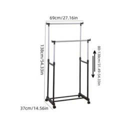 Heavy Duty Mobile Clothes Coat Garment Hanging Rail Rack Storage Stand On Wheels Double Pole - thumbnail 2