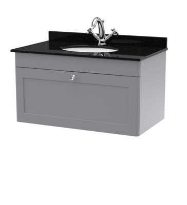 Balterley Swynnerton Traditional 1 Drawer Wall Hung Vanity Unit With Marble Basin, Satin Grey, 800mm - image 1