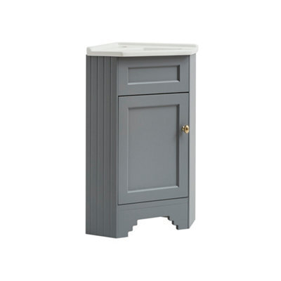 Homestylestore Light Grey 580mm Corner Bathroom Vanity Unit And Round Brushed Brass Handles - image 1