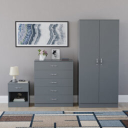 Lassic Vida Designs Riano 3 Piece Bedroom Set (1 Drawer Bedside Chest, 5 Drawer Chest, 2 Door Wardrobe) Grey (4) - thumbnail 5