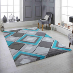 Prime Plus Modern Geometric Runner Rug 12mm Thick Hallway Carpet (Grey & Teal, 80Cm X 300Cm) - thumbnail 2