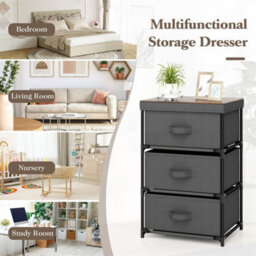 3 Tier Fabric Dresser With 3 Drawers Black Industrial Style Storage Unit Grey - thumbnail 5