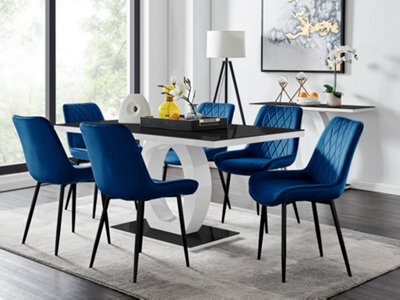 Furniturebox Giovani Rectangular 6 Seat White High Gloss Unique Halo Base Dining Table Black Glass Top 6 Navy Velvet Black Leg Pesaro Chairs - image 1