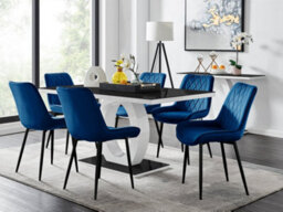 Furniturebox Giovani Rectangular 6 Seat White High Gloss Unique Halo Base Dining Table Black Glass Top 6 Navy Velvet Black Leg Pesaro Chairs