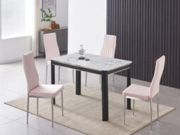 Furnizone UK Milano 4-Seater White Marble-Effect Glass Dining Table And 4 Monza Pink Velvet Chairs
