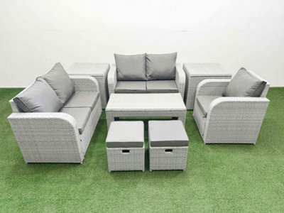 Fimous High Back Poly Rattan Garden Furniture Set Reclining Chair Loveseat Sofa Oblong Coffee Table Set 2 Stool 2 Side Table - image 1
