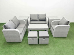 Fimous High Back Poly Rattan Garden Furniture Set Reclining Chair Loveseat Sofa Oblong Coffee Table Set 2 Stool 2 Side Table - thumbnail 2