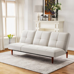 Living And Home Beige 3 Seat Faux Suede Sofa Bed 3 Seater Couch With Wood Legs - thumbnail 1