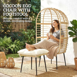 Beige Standing Garden Egg Chair With Footstool Rattan Outdoor Lounge Chair - thumbnail 4