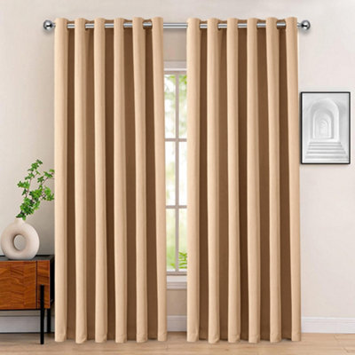 Bedlooms Blackout Curtain Thermal Insulated Eyelet Ready Made Ring Top Beige Curtain (Pair) 66 X 90 Inches With Tie Backs - image 1