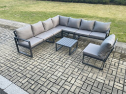 Fimous 8 Seater Patio Outdoor Garden Furniture Aluminium Lounge Corner Sofa Set With Square Coffee Table Dark Grey - thumbnail 1