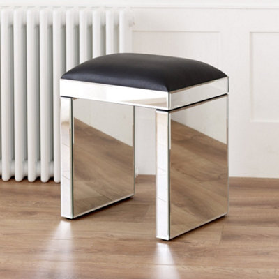 The Furniture Market Venetian Mirrored Dressing Table Stool With Black Seat Pad Upholstered Seat Bevelled Glass Compact & Strong - image 1
