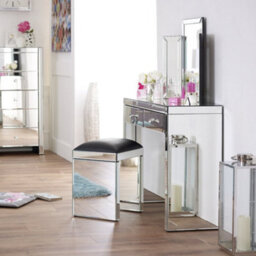 The Furniture Market Venetian Mirrored Dressing Table Stool With Black Seat Pad Upholstered Seat Bevelled Glass Compact & Strong - thumbnail 2