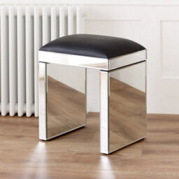 The Furniture Market Venetian Mirrored Dressing Table Stool With Black Seat Pad Upholstered Seat Bevelled Glass Compact & Strong - thumbnail 1