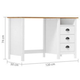 Vidaxl Desk Hill With 3 Drawers 120X50X74 Cm Solid Pine Wood - thumbnail 7