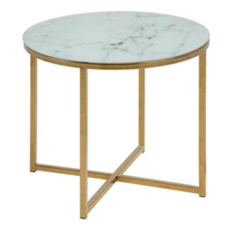 Furniture To Go Alisma Round Side Table With White Crystal Clear Marble Glass Top & Gold Legs