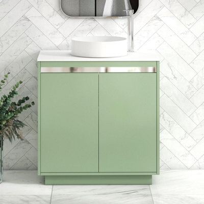 Royal Bathrooms Orion 800mm Mint Sage Floor Standing Plain White Countertop Vanity Unit 2 Door With Art Basin & Chrome Accent Trim - image 1
