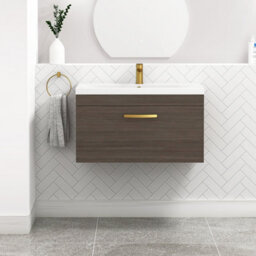 Royal Bathrooms Turin Grey Elm 800mm Wall Hung Vanity Unit 1 Drawer With Mid-Edge Basin Sink & Brushed Brass Handles - thumbnail 1
