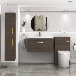 Royal Bathrooms Turin Grey Elm 800mm Wall Hung Vanity Unit 1 Drawer With Mid-Edge Basin Sink & Brushed Brass Handles - thumbnail 4