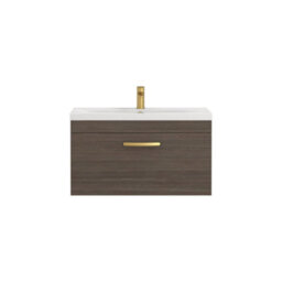 Royal Bathrooms Turin Grey Elm 800mm Wall Hung Vanity Unit 1 Drawer With Mid-Edge Basin Sink & Brushed Brass Handles - thumbnail 6