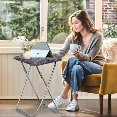 Huhote Folding Snack Table Small Spaces Side Table End Table Coffee Table Beside Table Sofa Table Outdoor Living Room Dark Marble - image 1