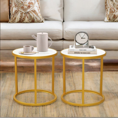 Pirlo Plush 2Pc Faux Marble Round Bedside Table Bedroom Furniture - image 1