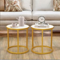 Pirlo Plush 2Pc Faux Marble Round Bedside Table Bedroom Furniture - thumbnail 1