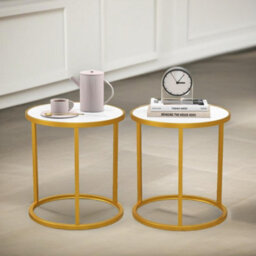 Pirlo Plush 2Pc Faux Marble Round Bedside Table Bedroom Furniture - thumbnail 3