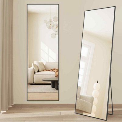 Rectangular Standing Mirror With Square Corners, Full Length Tempered Glass Floor Mirror, Matte Black - image 1