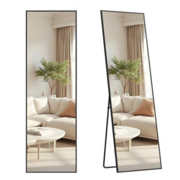 Rectangular Standing Mirror With Square Corners, Full Length Tempered Glass Floor Mirror, Matte Black - thumbnail 6