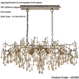 Loops Multi Arm Hanging Ceiling Pendant Light - Aged Gold Paint & Champagne Lustre Glass Shade - 6 X 6W Led E14 - thumbnail 2