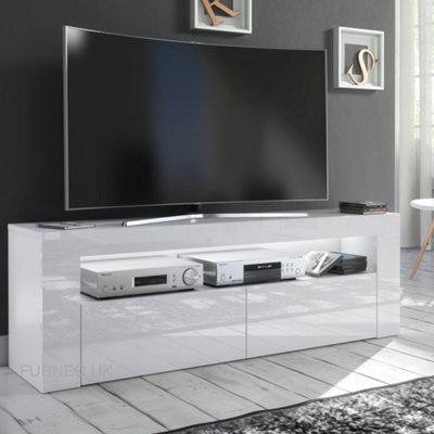 Furneo White Tv Stand 145Cm Unit Cabinet Matt & High Gloss Clifton 13 White Led Lights - image 1