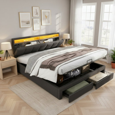 Abrihome Grey Linen Double Bed With Led Lights, Hydraulic Storage, Drawers & Fold-Away Foam Headboard - image 1