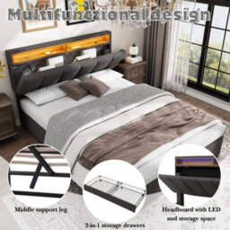 Abrihome Grey Linen Double Bed With Led Lights, Hydraulic Storage, Drawers & Fold-Away Foam Headboard - thumbnail 2