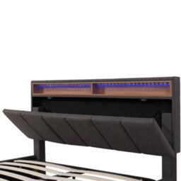 Abrihome Grey Linen Double Bed With Led Lights, Hydraulic Storage, Drawers & Fold-Away Foam Headboard - thumbnail 5