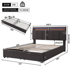 Abrihome Grey Linen Double Bed With Led Lights, Hydraulic Storage, Drawers & Fold-Away Foam Headboard - thumbnail 4