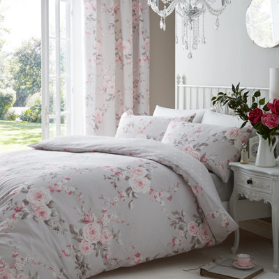 Catherine Lansfield Bedding Canterbury Floral Duvet Cover Set With Pillowcases Grey - image 1