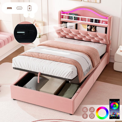 Btm 3Ft Single Velvet Hydraulic Bed With Led, Charging Station And Storage, Diamond Tufted Headboard, Pink - image 1