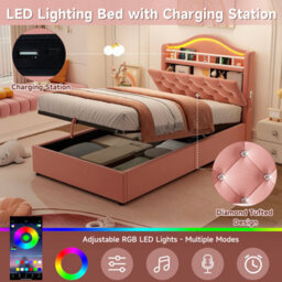 Btm 3Ft Single Velvet Hydraulic Bed With Led, Charging Station And Storage, Diamond Tufted Headboard, Pink - thumbnail 8