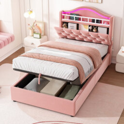 Btm 3Ft Single Velvet Hydraulic Bed With Led, Charging Station And Storage, Diamond Tufted Headboard, Pink - thumbnail 2