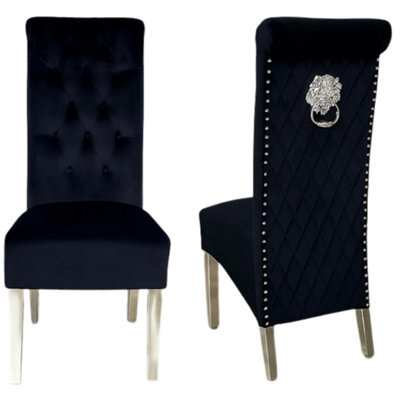 Home Luxe Interiors Pair Of 2 Sofia Black Dining Chairs With Silver Legs And Lion Knocker - image 1
