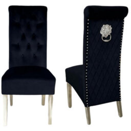 Home Luxe Interiors Pair Of 2 Sofia Black Dining Chairs With Silver Legs And Lion Knocker