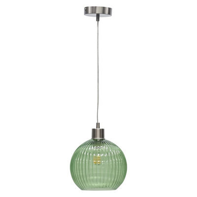 First Choice Lighting Betchley - Green Ribbed Glass Globe With Satin Nickel Pendant Fitting - image 1