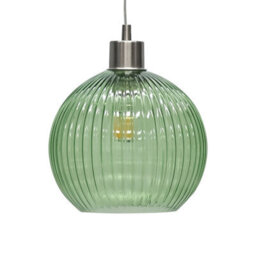 First Choice Lighting Betchley - Green Ribbed Glass Globe With Satin Nickel Pendant Fitting - thumbnail 7