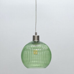 First Choice Lighting Betchley - Green Ribbed Glass Globe With Satin Nickel Pendant Fitting - thumbnail 5