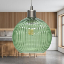 First Choice Lighting Betchley - Green Ribbed Glass Globe With Satin Nickel Pendant Fitting - thumbnail 3