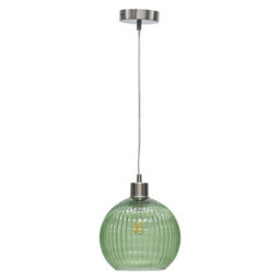 First Choice Lighting Betchley - Green Ribbed Glass Globe With Satin Nickel Pendant Fitting